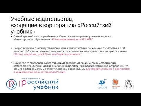 Учебные издательства, входящие в корпорацию «Российский учебник» Самый крупный список учебников