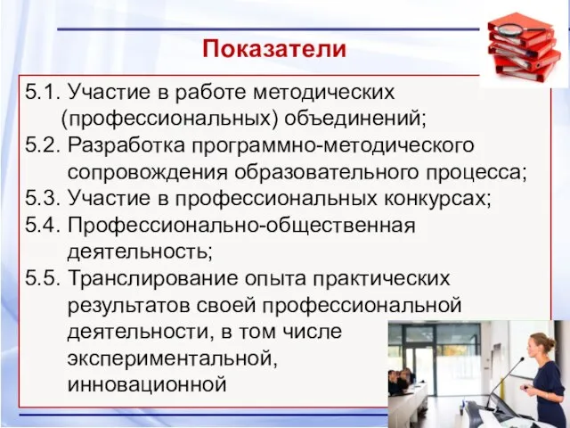 5.1. Участие в работе методических (профессиональных) объединений; 5.2. Разработка программно-методического сопровождения