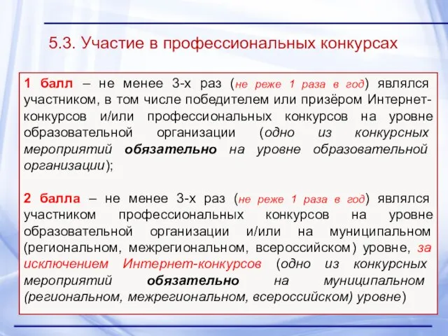 5.3. Участие в профессиональных конкурсах 1 балл – не менее 3-х