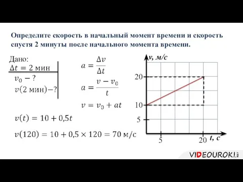 Определите скорость в начальный момент времени и скорость спустя 2 минуты