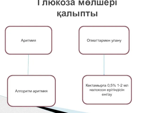 Глюкоза мөлшері қалыпты Аритмия Опиаттармен улану Көктамырға 0,5% 1-2 мл налоксон ерітіндісін енгізу Алгоритм аритмия