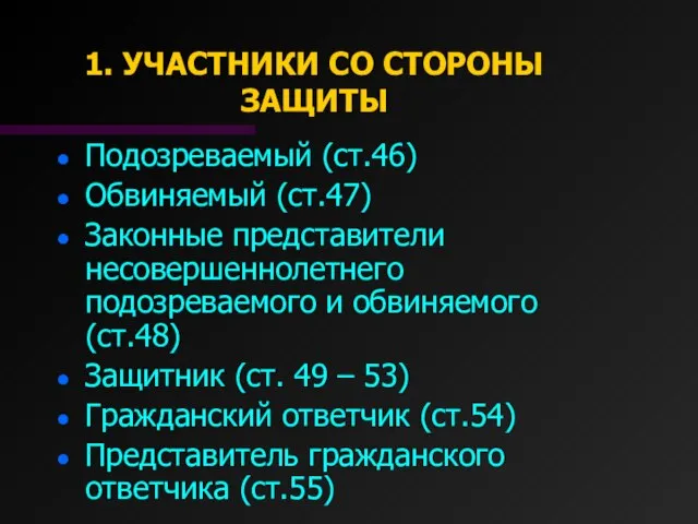 1. УЧАСТНИКИ СО СТОРОНЫ ЗАЩИТЫ Подозреваемый (ст.46) Обвиняемый (ст.47) Законные представители