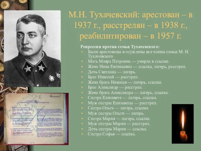 М.Н. Тухачевский: арестован – в 1937 г., расстрелян – в 1938