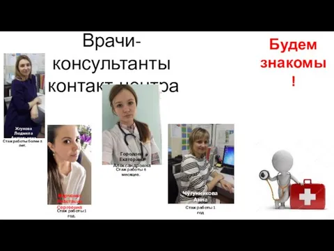 Будем знакомы! Врачи-консультанты контакт-центра Шолохова Мария Чугунникова Анна Владимировна Стаж работы