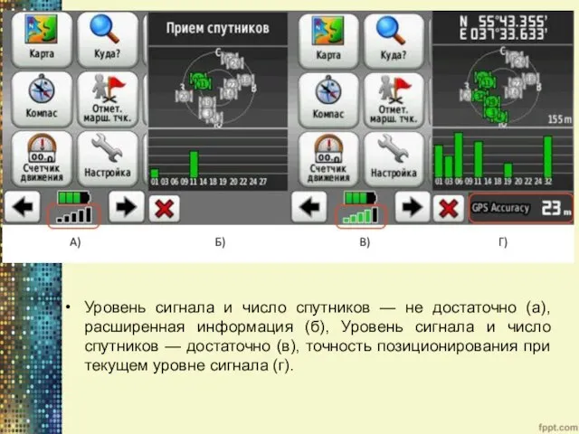 Уровень сигнала и число спутников — не достаточно (а), расширенная информация