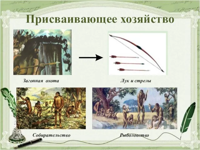 Присваивающее хозяйство Загонная охота Лук и стрелы Собирательство Рыболовство