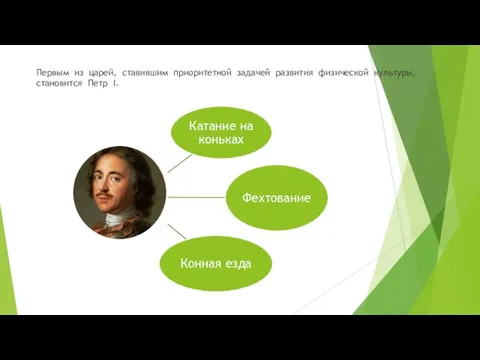 Первым из царей, ставившим приоритетной задачей развития физической культуры, становится Петр I.