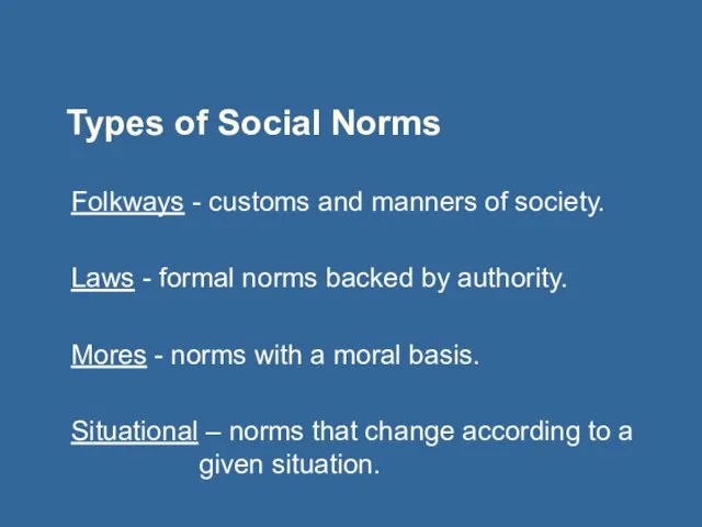 Types of Social Norms Folkways - customs and manners of society.