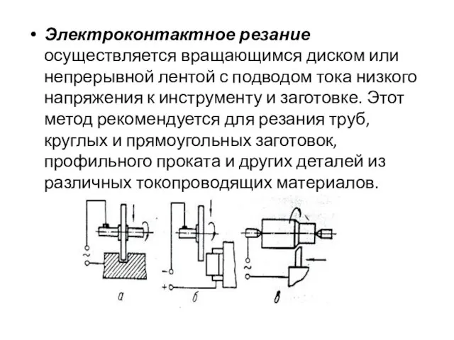 Электроконтактное резание осуществляется вращающимся диском или непрерывной лентой с подводом тока