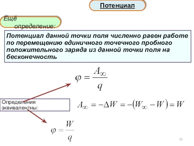 Потенциал Ещё определение: Определения эквивалентны: Потенциал данной точки поля численно равен