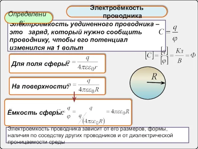 Электроёмкость проводника Ёмкость сферы: Электроемкость уединенного проводника – это заряд, который