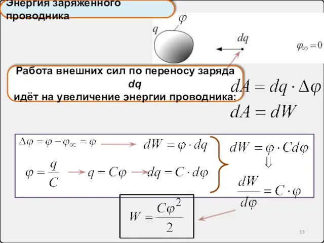 Работа внешних сил по переносу заряда dq идёт на увеличение энергии проводника: Энергия заряженного проводника