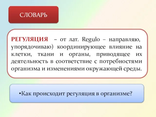 СЛОВАРЬ РЕГУЛЯЦИЯ – от лат. Regulo – направляю, упорядочиваю) координирующее влияние