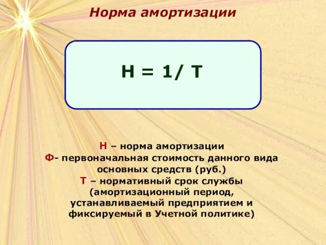 Норма амортизации Н – норма амортизации Ф- первоначальная стоимость данного вида