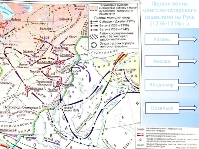 Первая волна монголо-татарского нашествия на Русь (1236-1238гг.) Рязань Москва Владимир Новгород Козельск