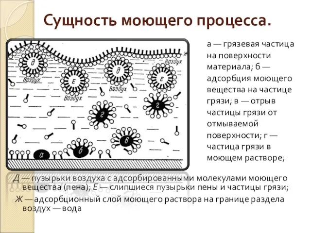 Сущность моющего процесса. Д — пузырьки воздуха с адсорбированными молекулами моющего