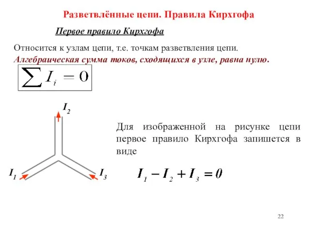 Разветвлённые цепи. Правила Кирхгофа Первое правило Кирхгофа I1 I3 I2 Для