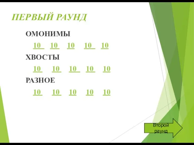 ПЕРВЫЙ РАУНД ОМОНИМЫ 10 10 10 10 10 ХВОСТЫ 10 10