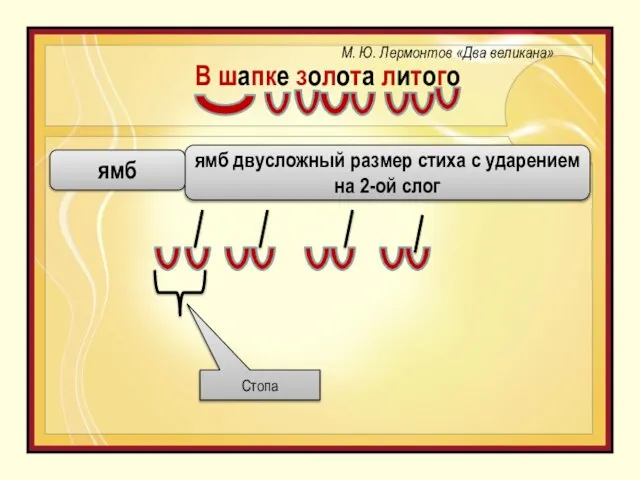 В шапке золота литого Стопа ямб двусложный размер стиха с ударением