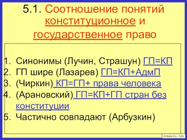 5.1. Соотношение понятий конституционное и государственное право Синонимы (Лучин, Страшун) ГП=КП