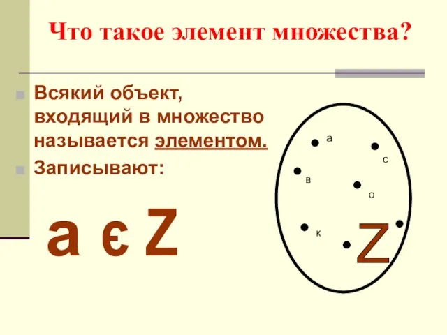 Что такое элемент множества? Всякий объект, входящий в множество называется элементом.