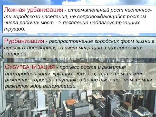 Ложная урбанизация - стремительный рост численнос- ти городского населения, не сопровождающийся