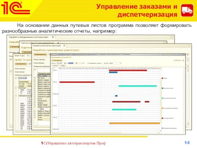 Управление заказами и диспетчеризация На основании данных путевых листов программа позволяет формировать разнообразные аналитические отчеты, например: