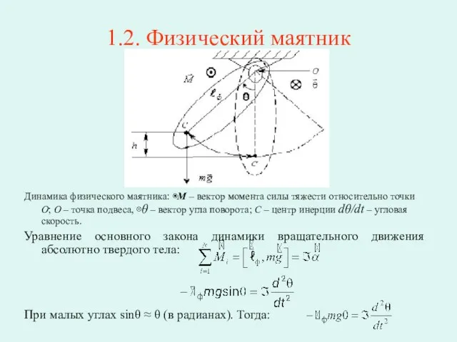 1.2. Физический маятник Динамика физического маятника: ◉M – вектор момента силы