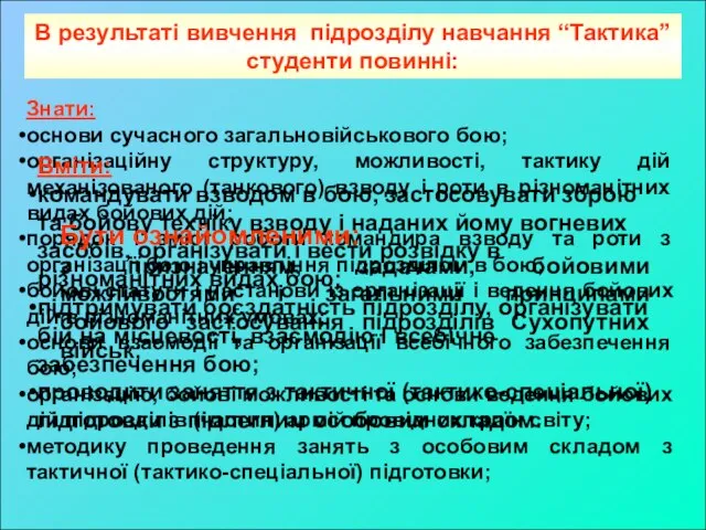 В результаті вивчення підрозділу навчання “Тактика” студенти повинні: Знати: основи сучасного