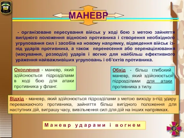 МАНЕВР - організоване пересування військ у ході бою з метою зайняття