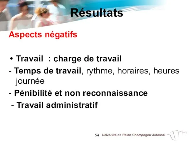 Résultats Aspects négatifs Travail : charge de travail - Temps de