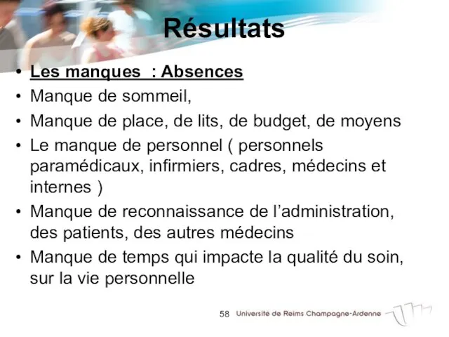 Résultats Les manques : Absences Manque de sommeil, Manque de place,