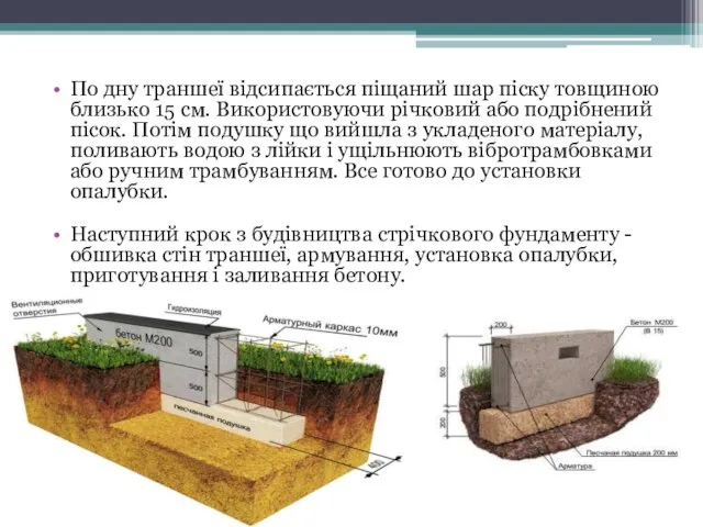 По дну траншеї відсипається піщаний шар піску товщиною близько 15 см.