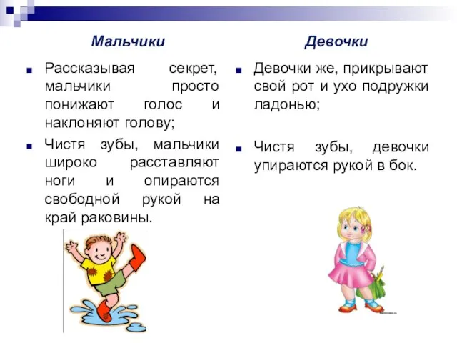 Мальчики Рассказывая секрет, мальчики просто понижают голос и наклоняют голову; Чистя