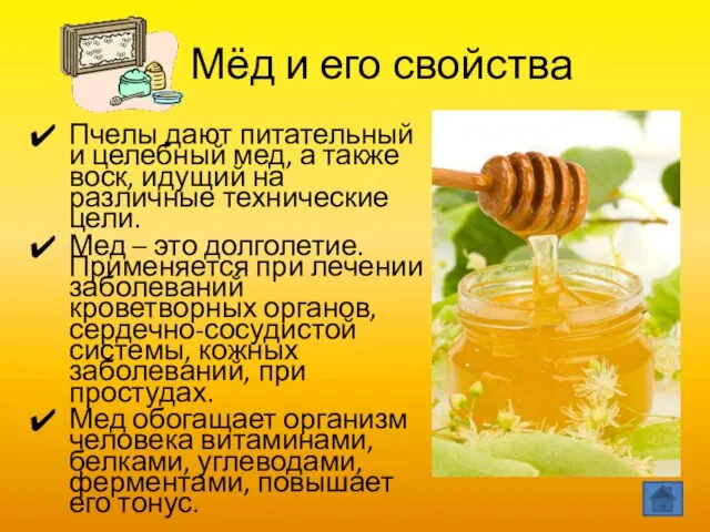 Мёд и его свойства Пчелы дают питательный и целебный мед, а