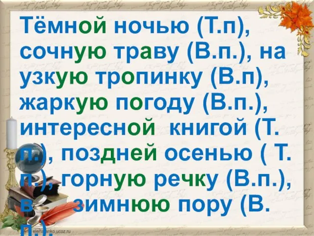 Тёмной ночью (Т.п), сочную траву (В.п.), на узкую тропинку (В.п), жаркую