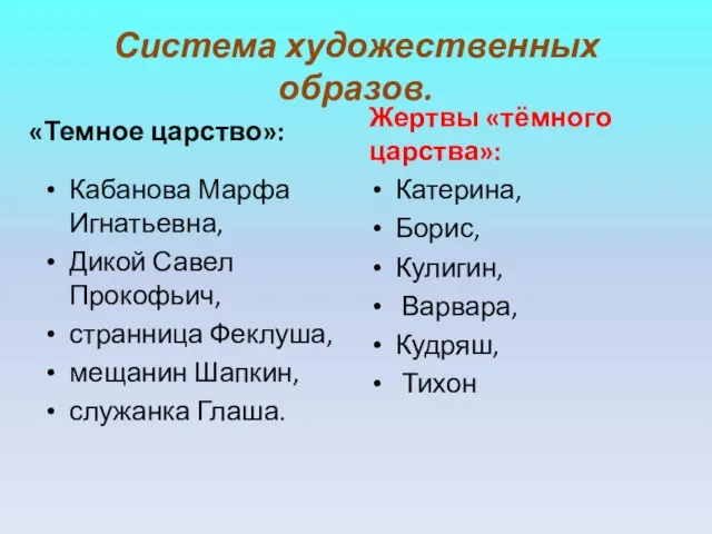 Система художественных образов. «Темное царство»: Кабанова Марфа Игнатьевна, Дикой Савел Прокофьич,