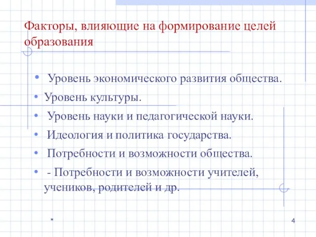 Факторы, влияющие на формирование целей образования Уровень экономического развития общества. Уровень