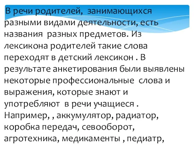 В речи родителей, занимающихся разными видами деятельности, есть названия разных предметов.