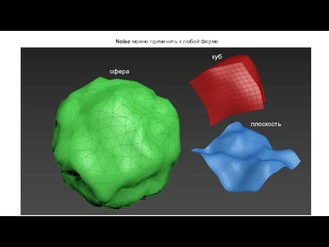Noise можно применить к любой форме куб сфера плоскость