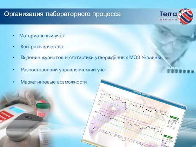 Организация лабораторного процесса Материальный учёт Контроль качества Маркетинговые возможности Разносторонний управленческий