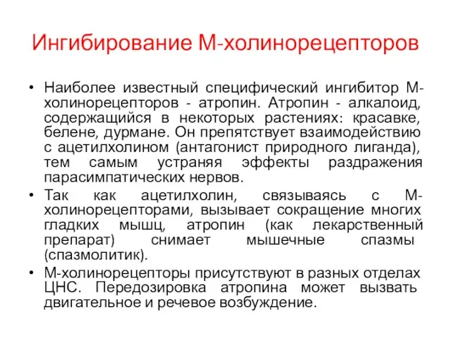 Ингибирование М-холинорецепторов Наиболее известный специфический ингибитор М-холинорецепторов - атропин. Атропин -