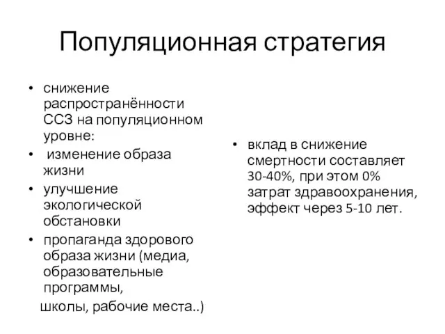 Популяционная стратегия снижение распространённости ССЗ на популяционном уровне: изменение образа жизни