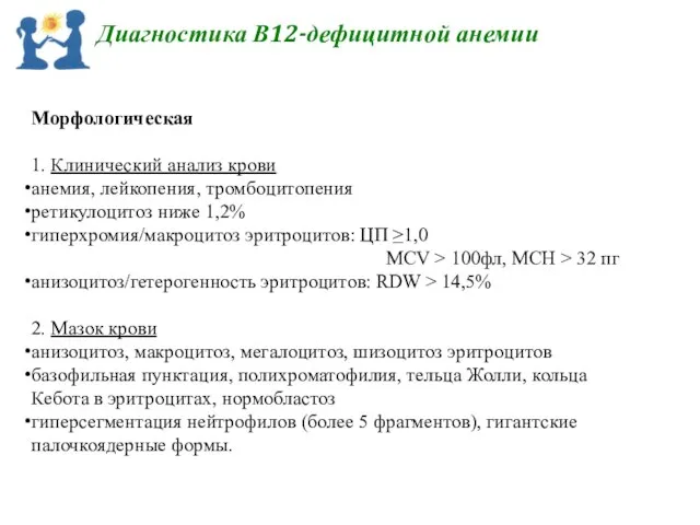 Диагностика В12-дефицитной анемии Морфологическая 1. Клинический анализ крови анемия, лейкопения, тромбоцитопения