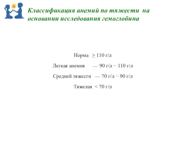 Классификация анемий по тяжести на основании исследования гемоглобина Норма ≥ 110