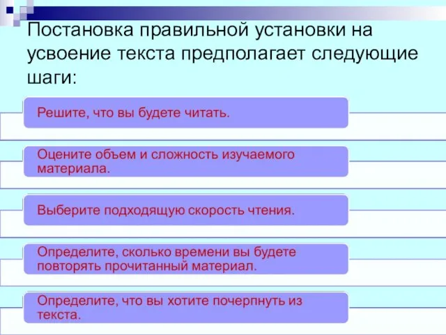 Постановка правильной установки на усвоение текста предполагает следующие шаги: