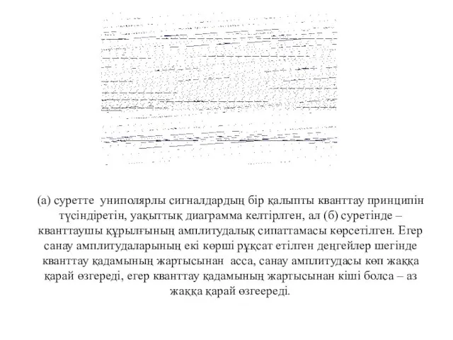 (а) суретте униполярлы сигналдардың бір қалыпты кванттау принципін түсіндіретін, уақыттық диаграмма