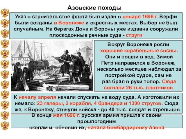 Азовские походы Указ о строительстве флота был издан в январе 1696