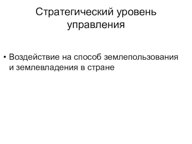 Стратегический уровень управления Воздействие на способ землепользования и землевладения в стране