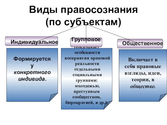 Общественное Показывает особенности восприятия правовой реальности отдельными социальными группами: молодежью, преступным